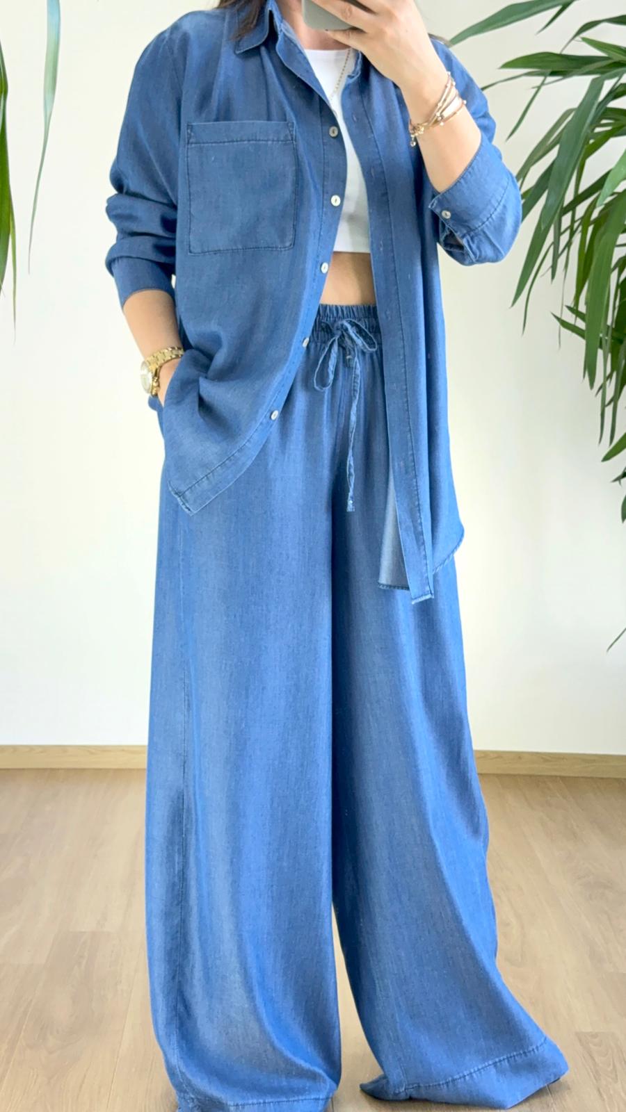 Cool & Zahmetsiz Şıklık: Oversize Denim Gömlek ve Palazzo Pantolon Takım