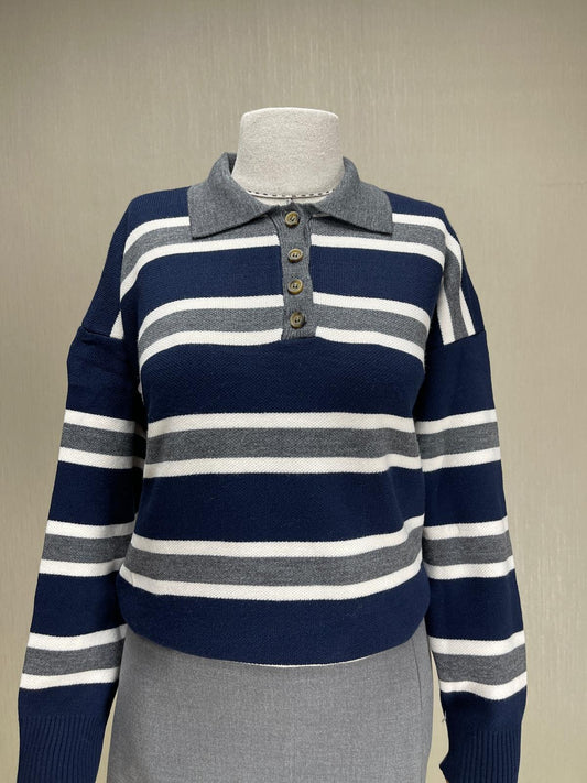 Çizgili Polo Yaka Triko - Lacivert Beyaz Gri