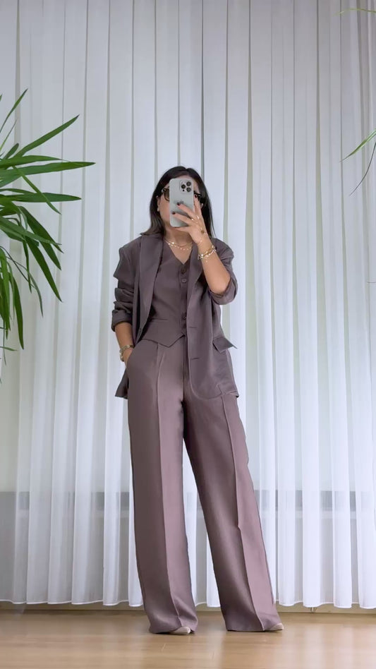 Kahverengi Bayan 3'lü Takım - Şık Yelek Pantolon Kombini