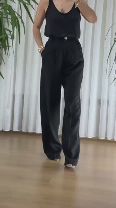 Siyah Pileli Palazzo Pantolon | Ofis Şıklığının Modern Yorumu