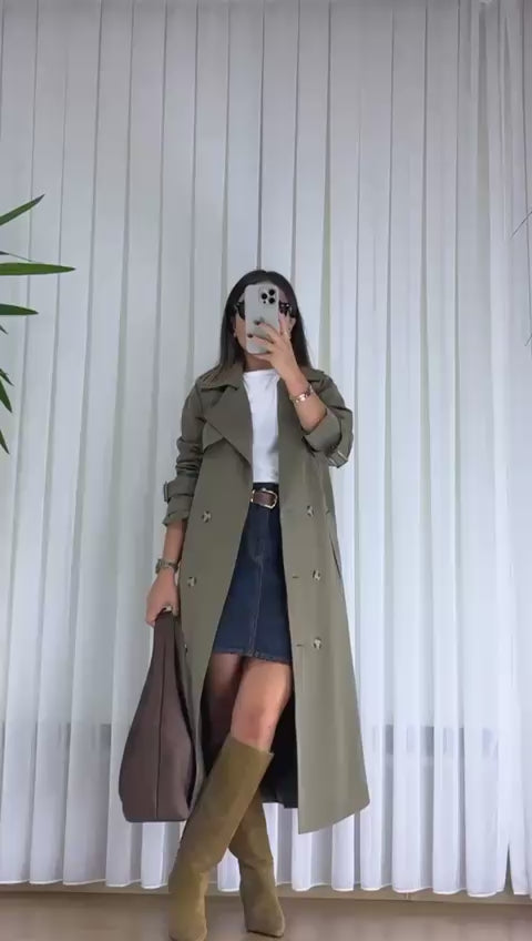 Haki Trençkot - Klasik Astarlı Bayan Yağmurluk Manto