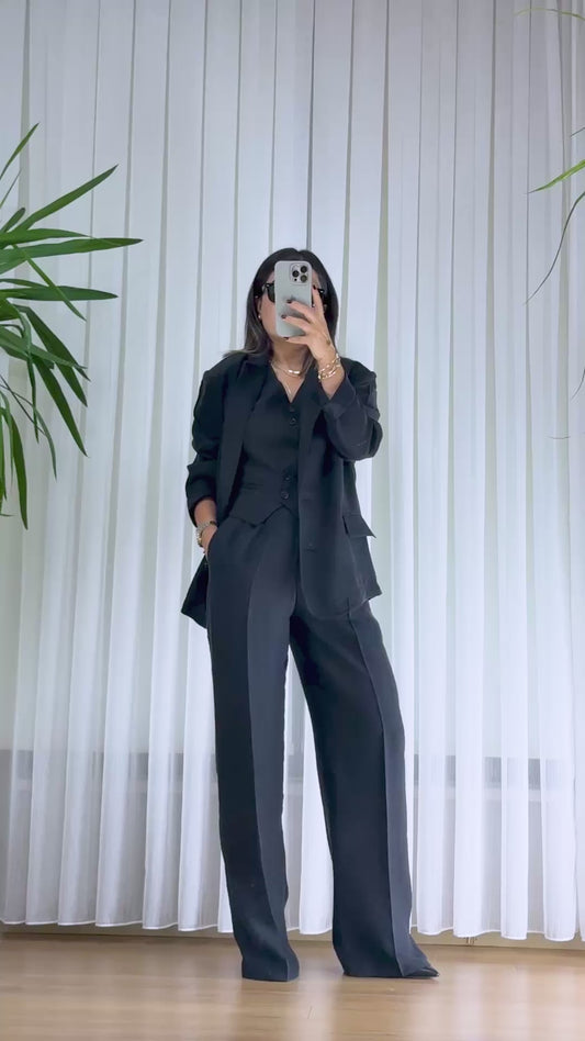 Siyah Bayan 3'lü Takım - Tensel Kumaş Ceket Yelek Pantolon