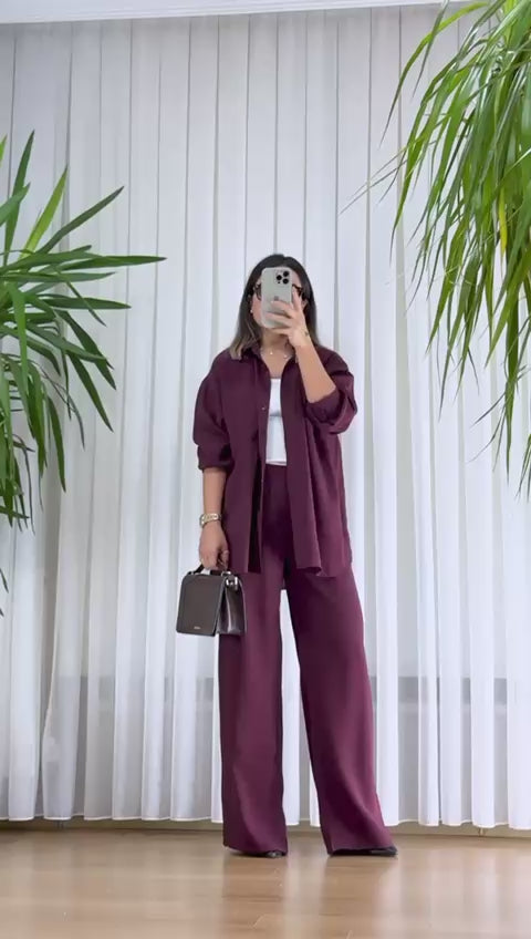 Bordo Modal Takım - Premium Gömlek Pantolon İkili Set