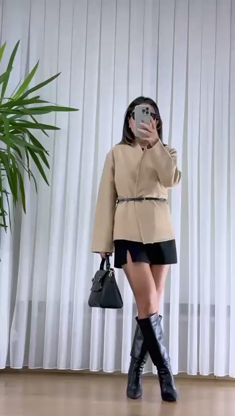 Kaşe Kemerli Ceket - Bej Oversize Bayan Blazer