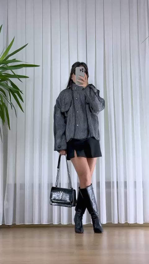Gri Kaşe Mont - Deri Detaylı Oversize Bayan Ceket