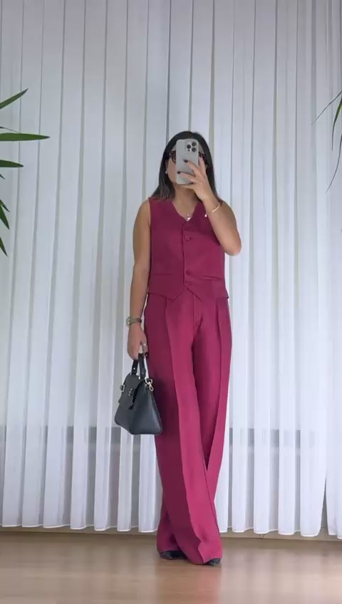 Bordo Bayan Takım - Şık Yelek Pantolon İkili Kombin