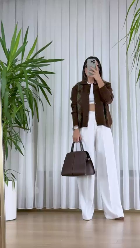 Kahverengi Baklava Desenli Hırka - Triko Bayan Yelek