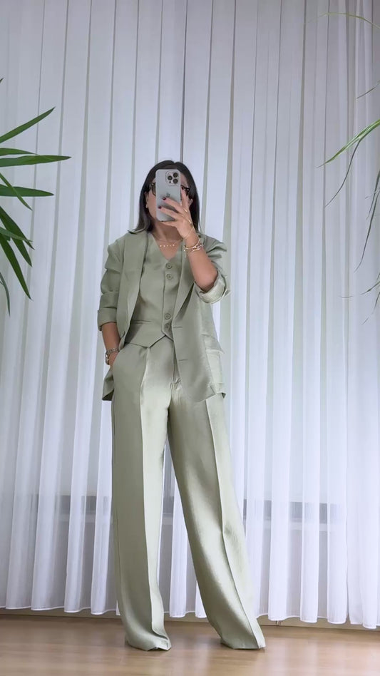 Küf Yeşili Bayan 3'lü Takım - Tensel Kumaş Ceket Yelek Set