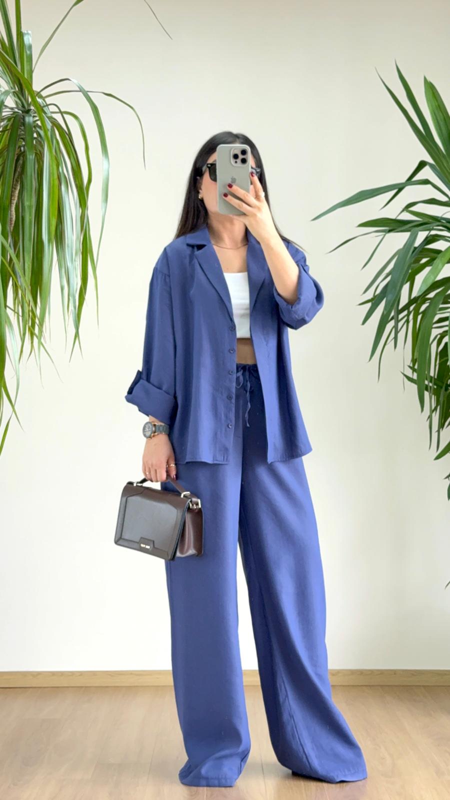 Modern Şehir Şıklığı: Mavi Tensel Takım Kombin