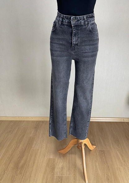Yüksek Bel Siyah Taşlanmış Straight Pantolon - Wide Leg