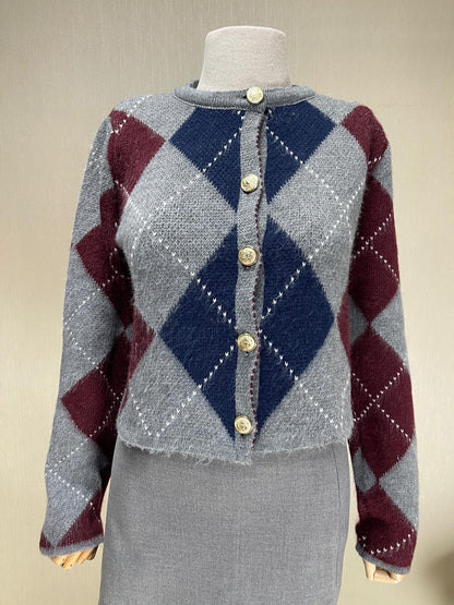 Ekose Desenli Crop Hırka - Gri Lacivert Bordo