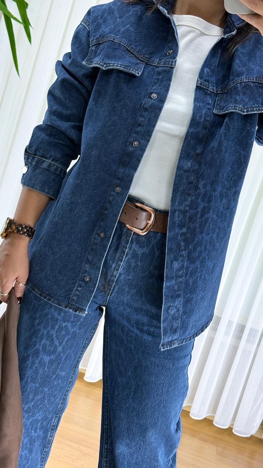 Leopar Desenli Kot Ceket - Oversize Bayan Denim Gömlek