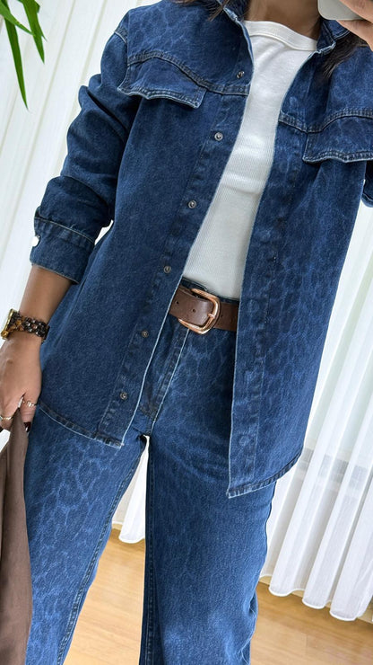 Leopar Desenli Kot Ceket - Oversize Bayan Denim Gömlek