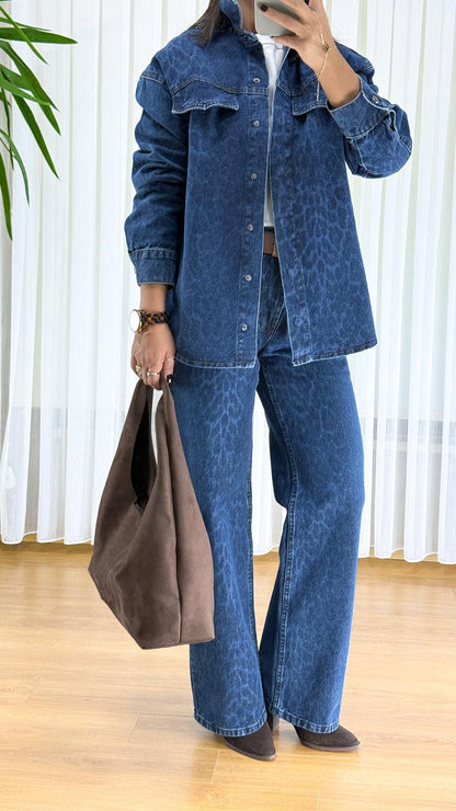 Leopar Desenli Kot Ceket - Oversize Bayan Denim Gömlek