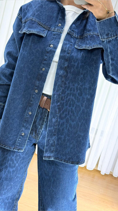 Leopar Desenli Kot Ceket - Oversize Bayan Denim Gömlek