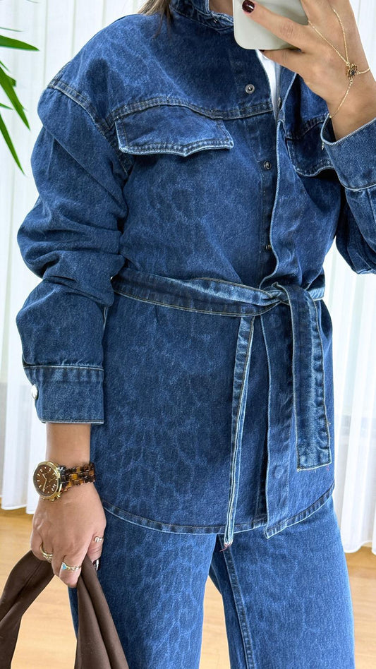Leopar Desenli Kot Ceket - Oversize Bayan Denim Gömlek