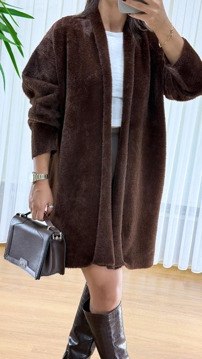Kahverengi Peluş Hırka - Uzun Sakallı Bayan Triko Ceket