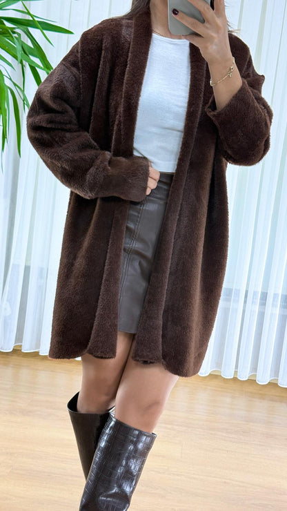 Kahverengi Peluş Hırka - Uzun Sakallı Bayan Triko Ceket