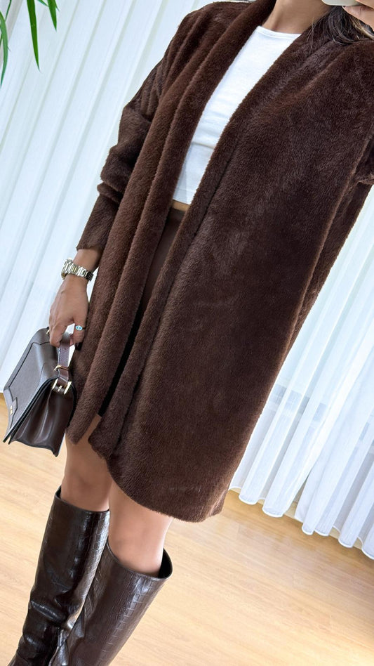 Kahverengi Peluş Hırka - Uzun Sakallı Bayan Triko Ceket