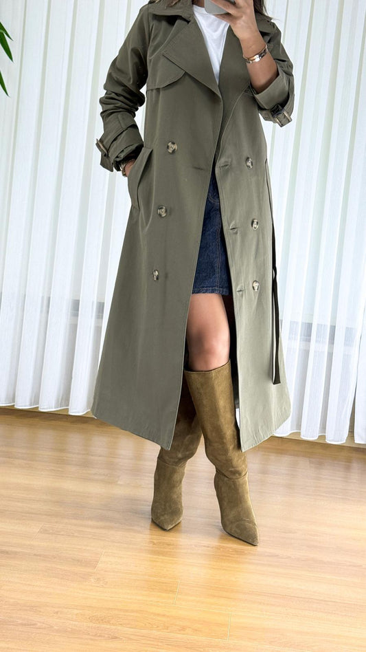 Haki Trençkot - Klasik Astarlı Bayan Yağmurluk Manto