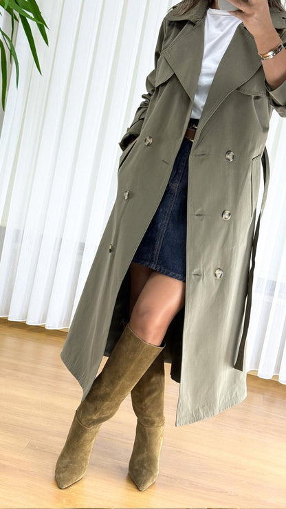 Haki Trençkot - Klasik Astarlı Bayan Yağmurluk Manto