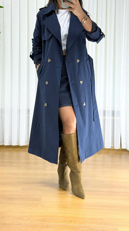 Lacivert Trençkot - Klasik Astarlı Bayan Yağmurluk