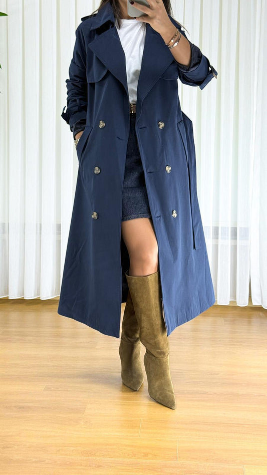 Lacivert Trençkot - Klasik Astarlı Bayan Yağmurluk