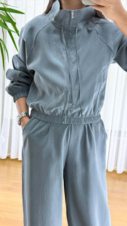 Füme Yeşil Bomber Takım - Fermuarlı Eşofman İkili Set