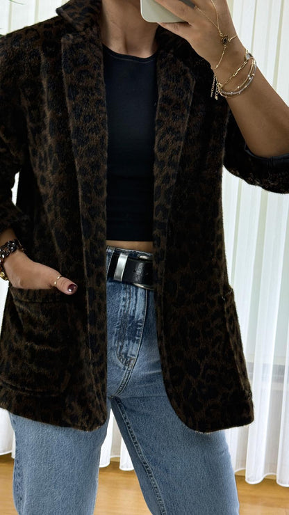 Leopar Desenli Peluş Ceket - Tay Tüyü Bayan Blazer