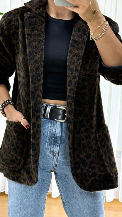 Leopar Desenli Peluş Ceket - Tay Tüyü Bayan Blazer