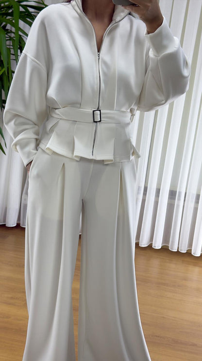 Beyaz Modal Takım - Premium Fermuarlı Eşofman Set