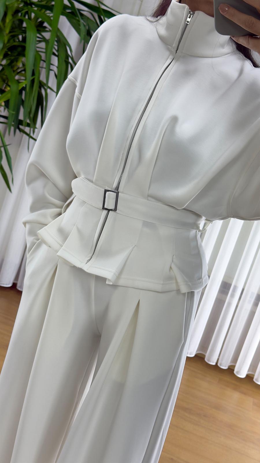 Beyaz Modal Takım - Premium Fermuarlı Eşofman Set