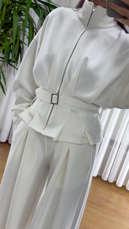 Beyaz Modal Takım - Premium Fermuarlı Eşofman Set