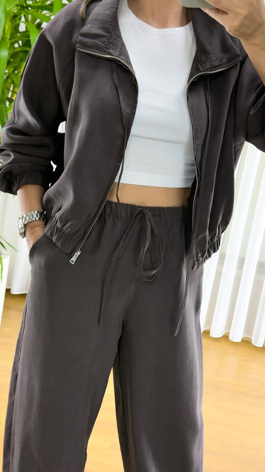 Kahverengi Bomber Takım - Fermuarlı Eşofman İkili Set