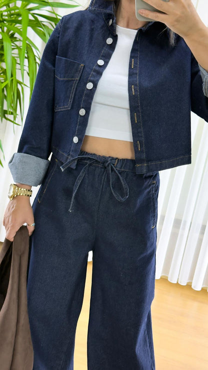 Denim Şıklık: Palazzo Pantolon ve Crop Gömlek Takım | Rahat ve Trend