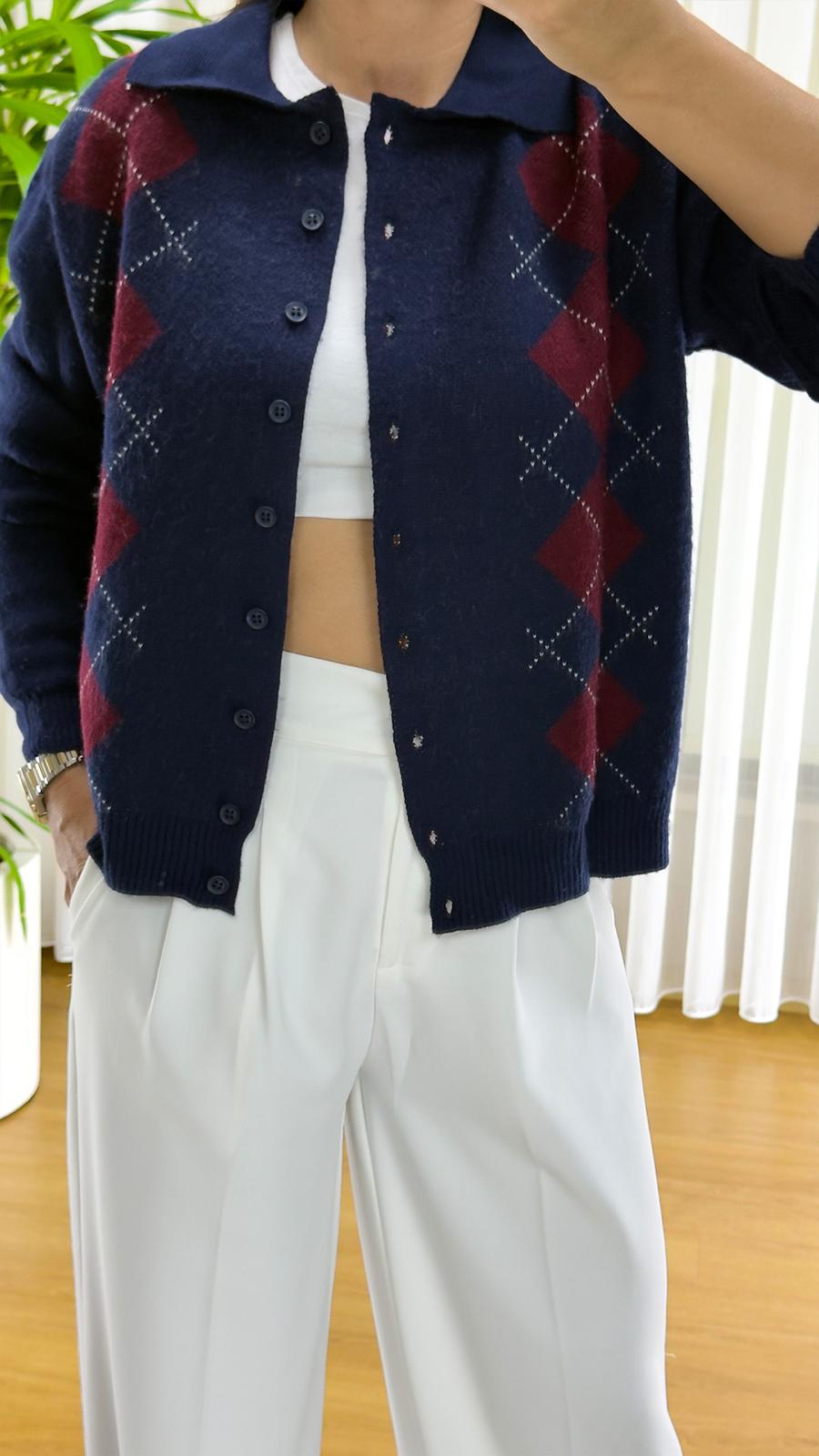 Lacivert Baklava Desenli Hırka - Triko Bayan Yelek