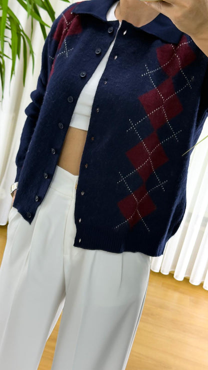 Lacivert Baklava Desenli Hırka - Triko Bayan Yelek