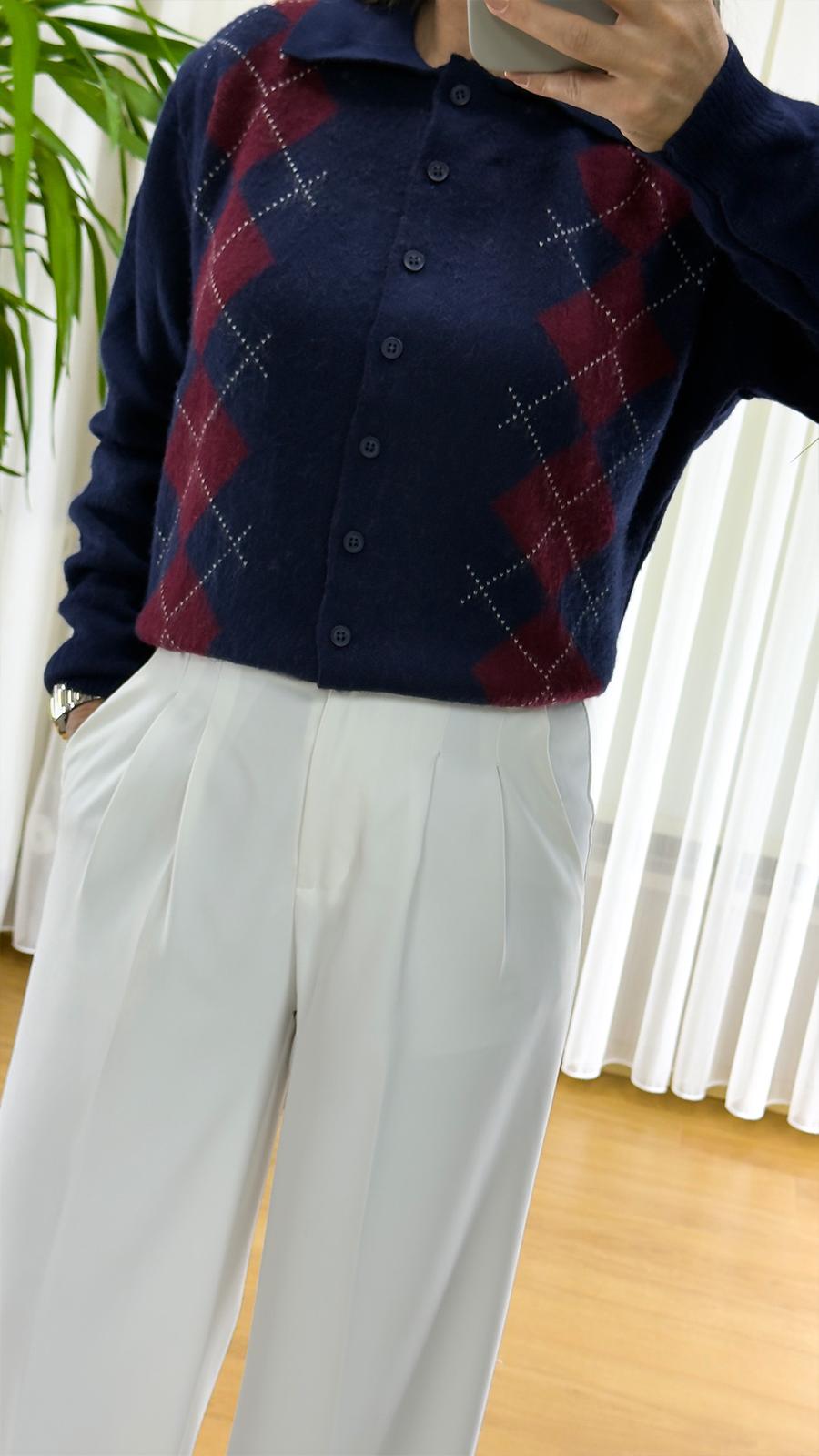 Lacivert Baklava Desenli Hırka - Triko Bayan Yelek