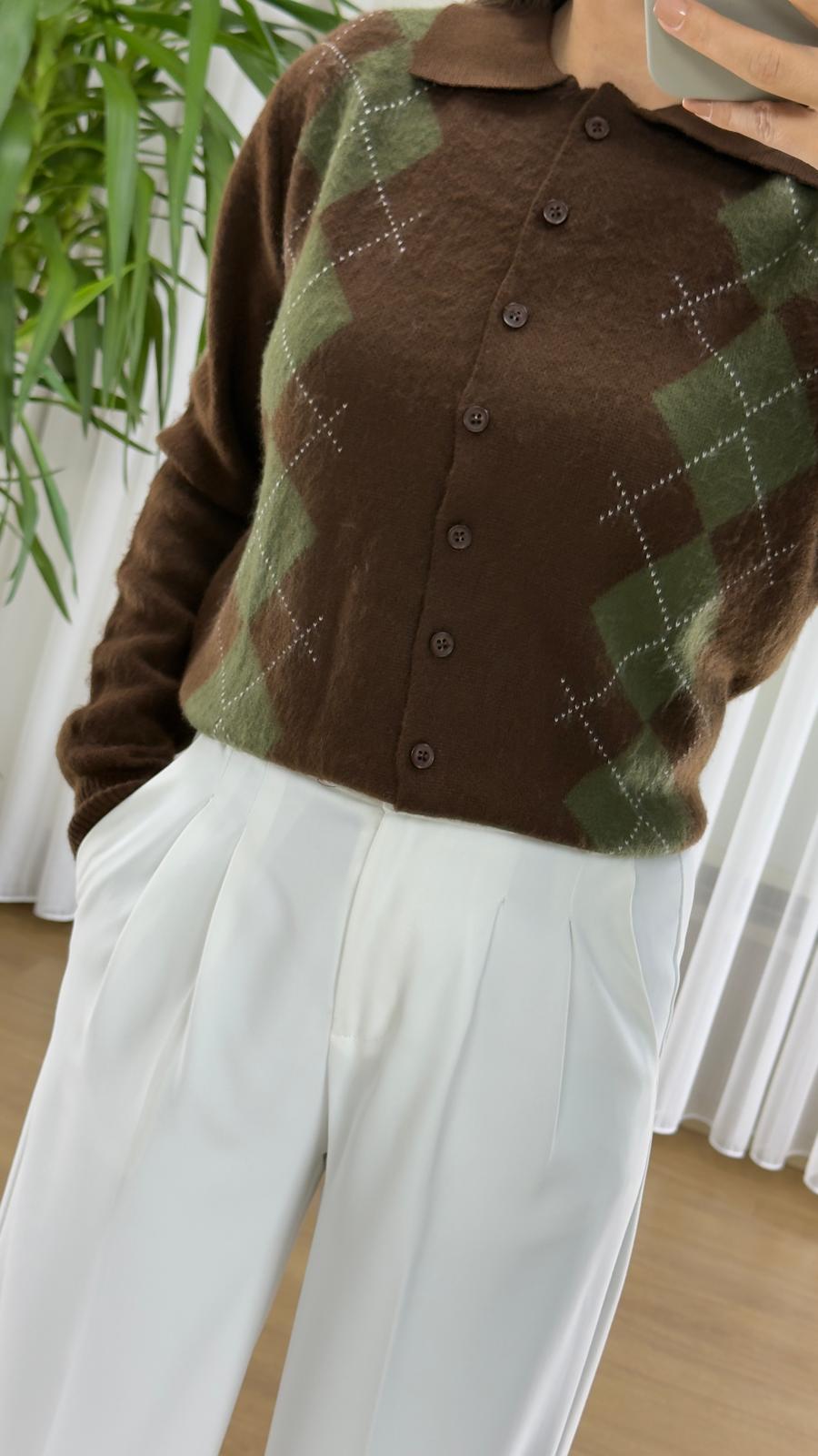 Kahverengi Baklava Desenli Hırka - Triko Bayan Yelek