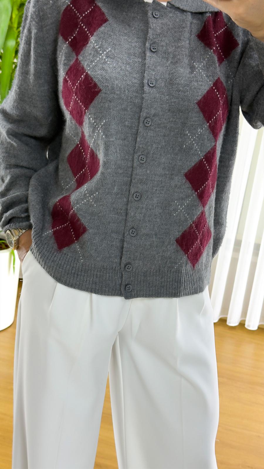 Gri Baklava Desenli Hırka - Triko Bayan Yelek