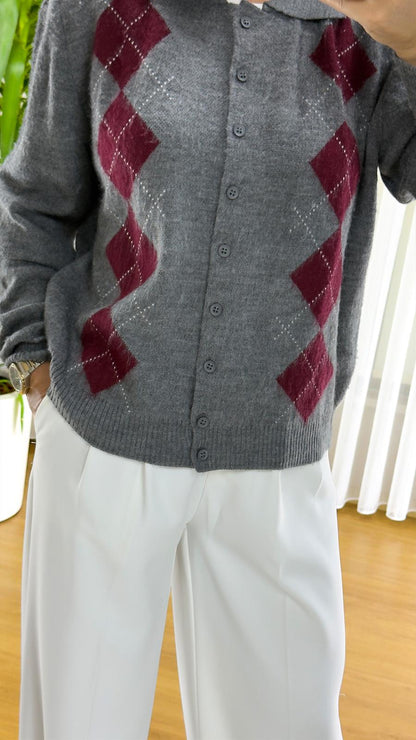 Gri Baklava Desenli Hırka - Triko Bayan Yelek