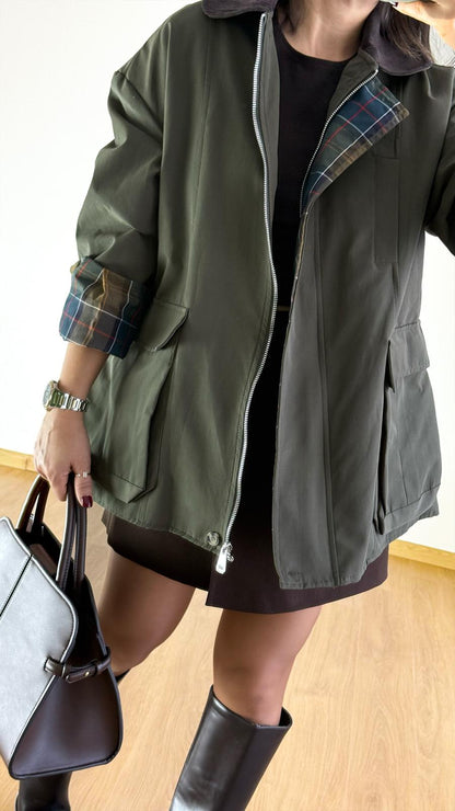 Haki Su Geçirmez Mont - Ekose Astarlı Bayan Yağmurluk