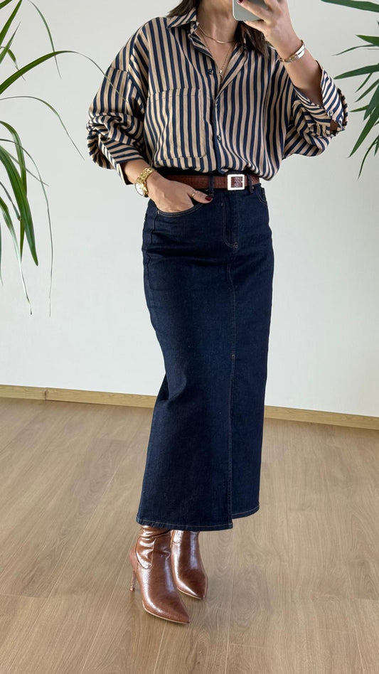 Retro Şıklık: Koyu Mavi Uzun Jean Etek | 90'ların Modern Yorumu