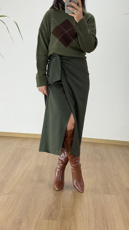 Yeşil Pareo Etek - Bağlamalı Midi Boy Bayan Etek