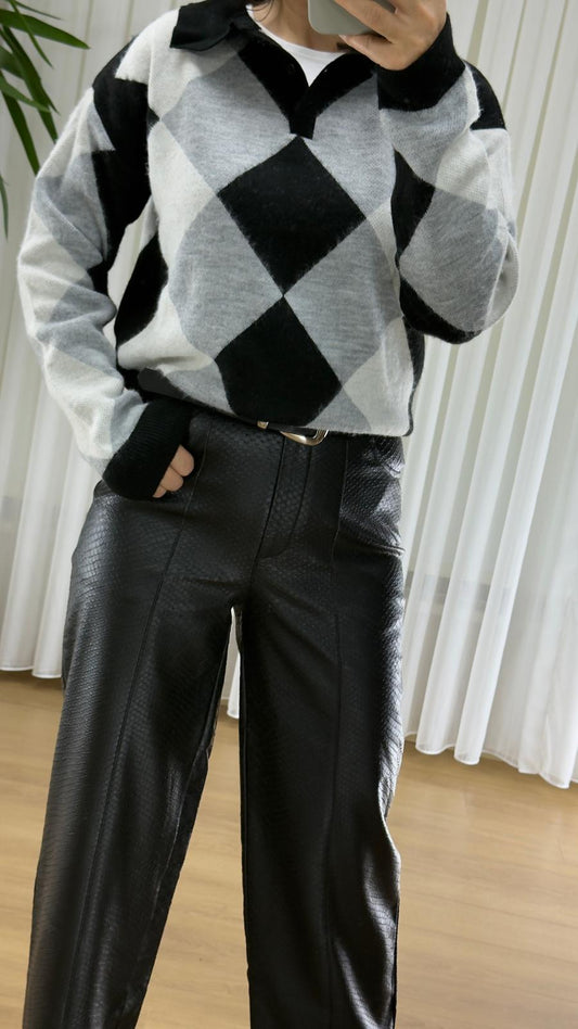 Ekose Polo Yaka Triko Kazak - Siyah Beyaz Gri Geçişli