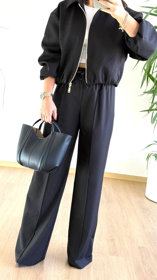 Siyah Bomber Takım - Fermuarlı Ceket Pantolon İkili Set