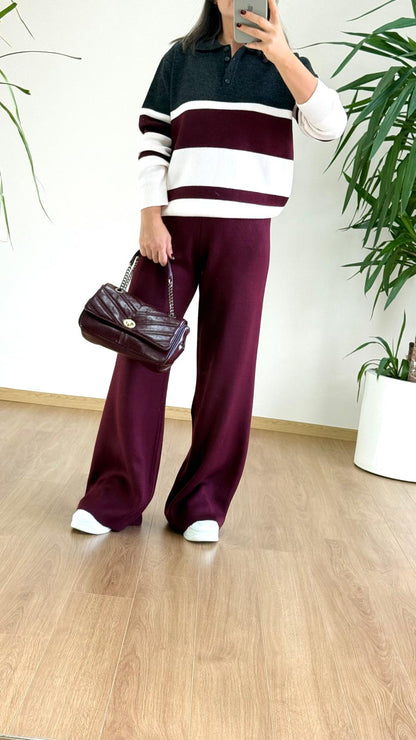 Bordo Çizgili Triko Takım - Polo Yaka Kazak Pantolon Set