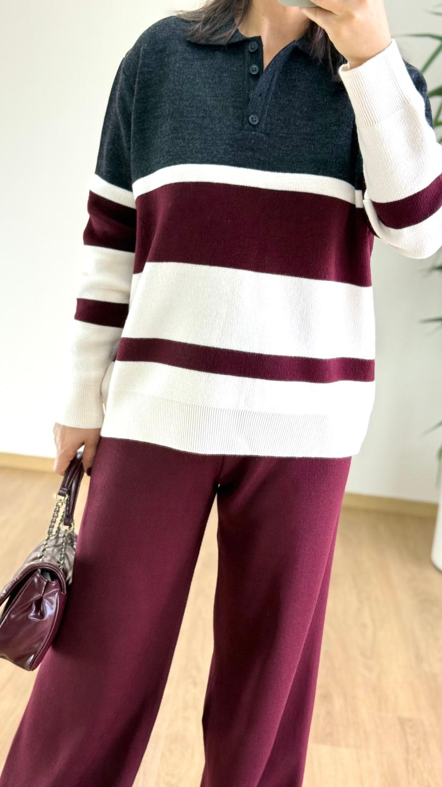 Bordo Çizgili Triko Takım - Polo Yaka Kazak Pantolon Set