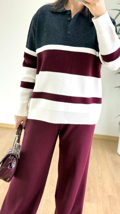 Bordo Çizgili Triko Takım - Polo Yaka Kazak Pantolon Set