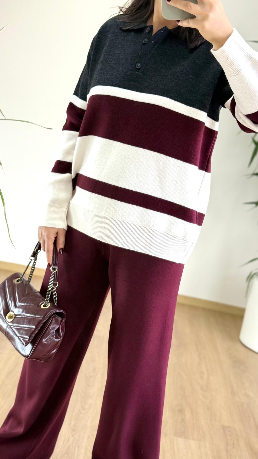 Bordo Çizgili Triko Takım - Polo Yaka Kazak Pantolon Set